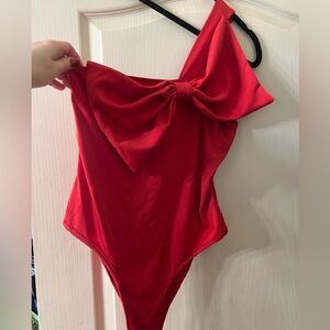 Red One-Shoulder Bodysuit with Bow